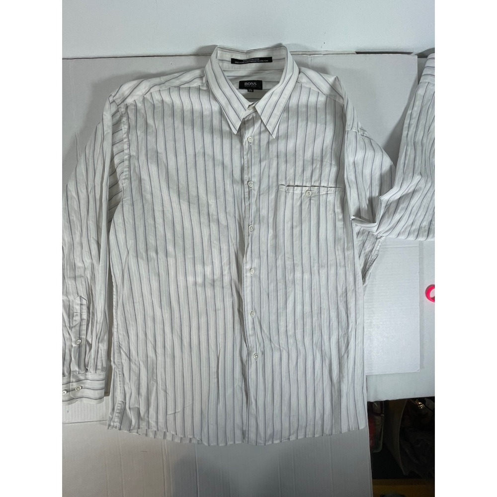 BOSS Hugo Boss Mens Striped Button Down Dress Shirt White Blue Size 17.5‎ 34/35
